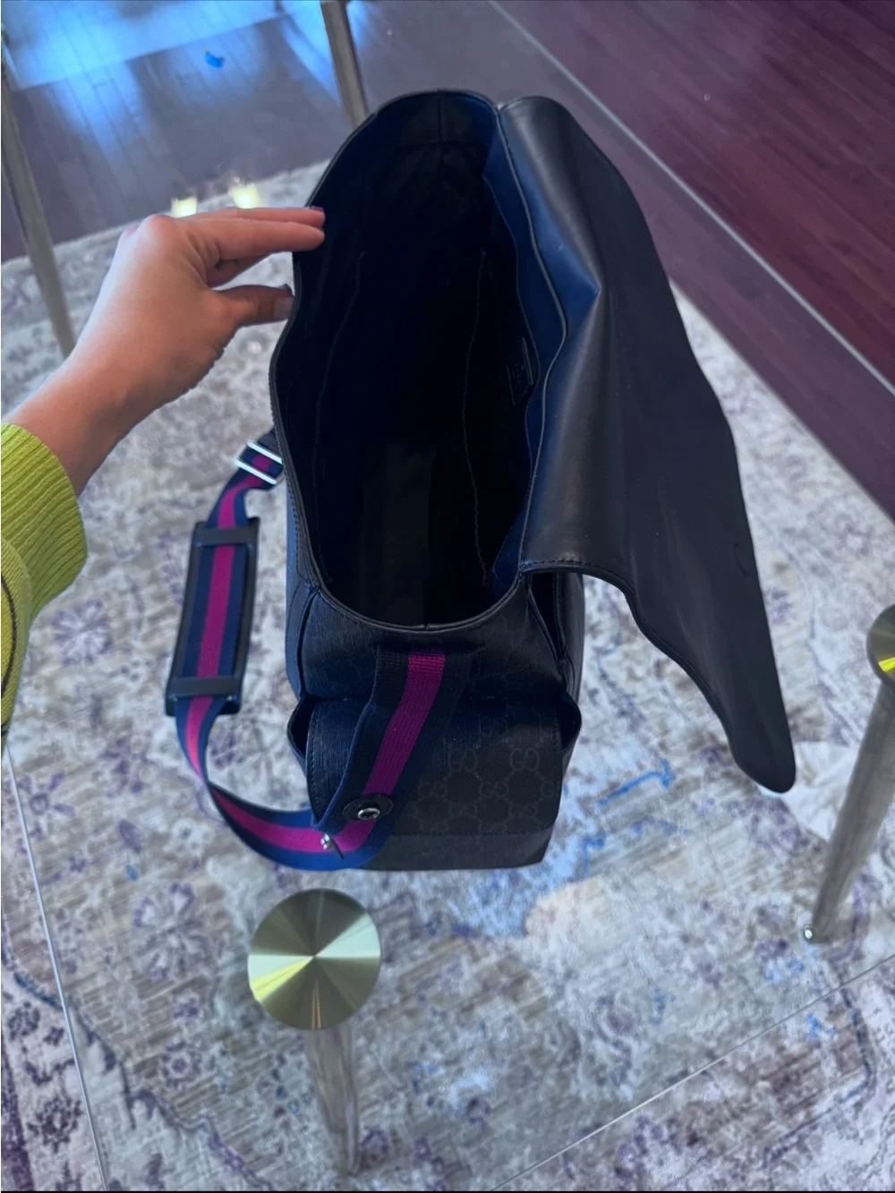 Gucci Black GG Supreme Diaper Bag with Red and Blue Web Strap